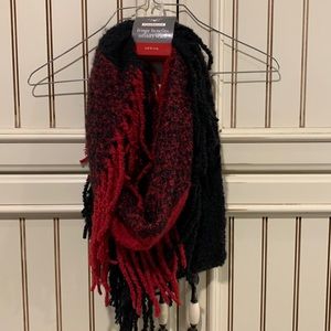 Britts Knits Colorblock. Infinity Scarf. 100% polyester. Red and black fringe.